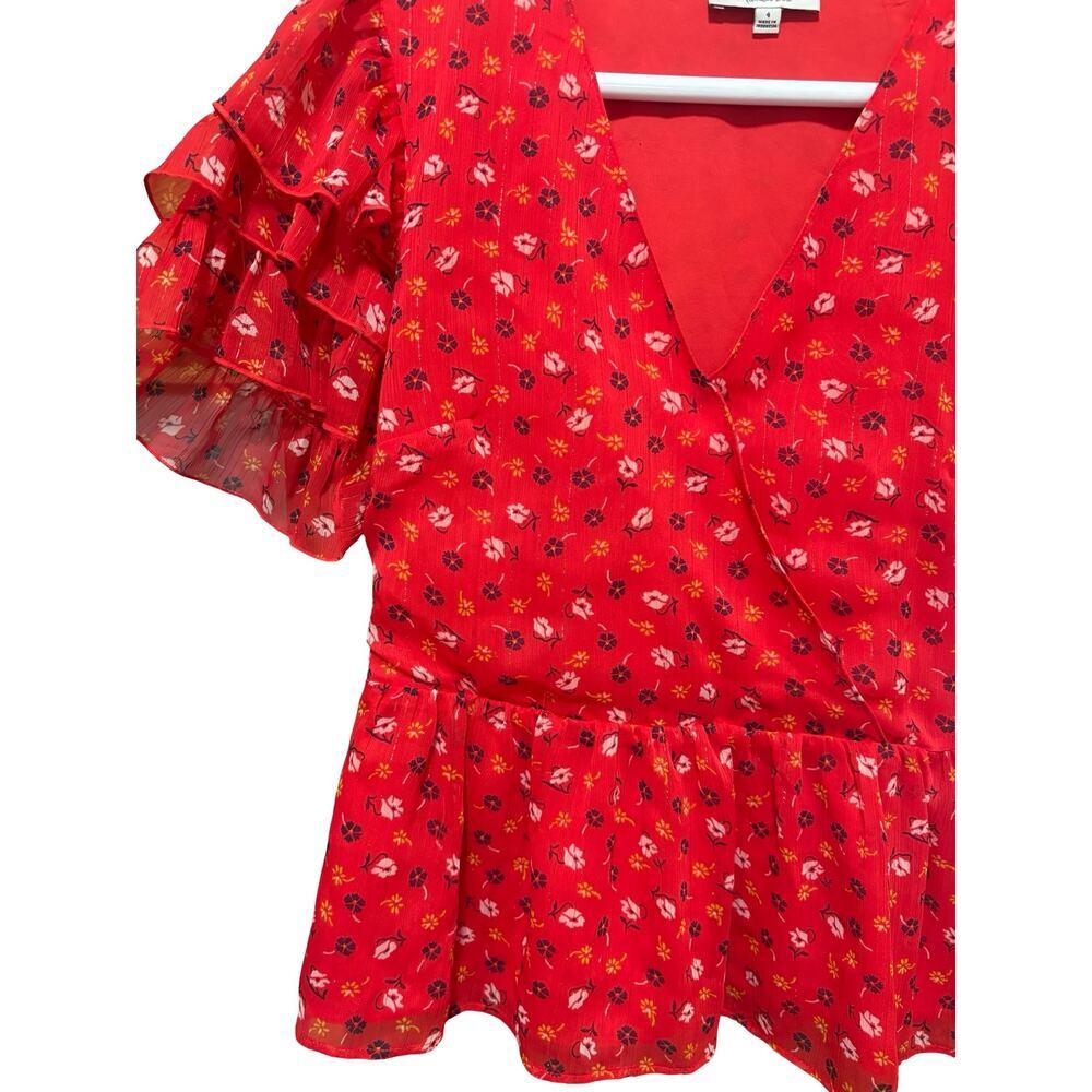SALE! Madewell Floral Metallic Faux Wrap Peplum Blouse Ruffle Sleeve Size 4 - Picture 5 of 8